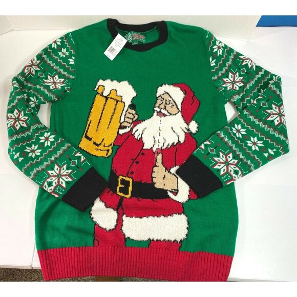 Beer Drinking Santa Ugly Christmas Sweater Mens Size Large NWT Green Snowflakes - Picture 2 of 9